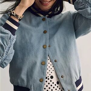 Anthropologie Dolan Ruched-Sleeve Denim Varsity Bomber Jacket